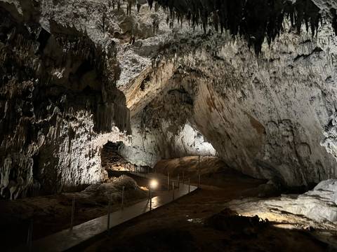 Dimly lit limestone cave interior with stalactites and a walkway illuminated by spotlights
