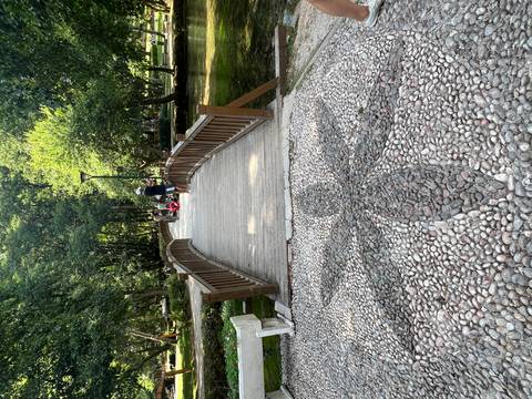 Wooden footbridge over a stream in a shady park with visitors strolling