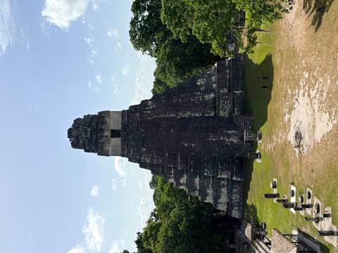 Temple I of Tikal soars above surrounding jungle clearing under bright tropical sky, ancient stones stark against green forest.