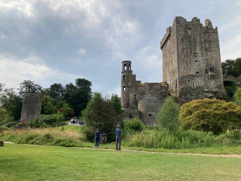 ruins of Blarney Castle rising above wooded grounds under a cloudy sky