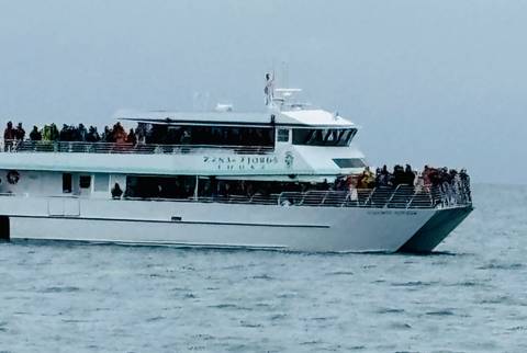 sightseeing catamaran filled with passengers cruising on grey seas