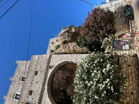 Stone tower built into a cliff face surrounded by flowering bushes on a sunny day.