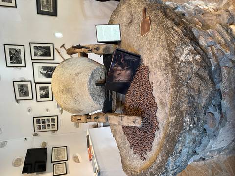 Traditional stone olive press displayed inside a small museum with photos on the walls.