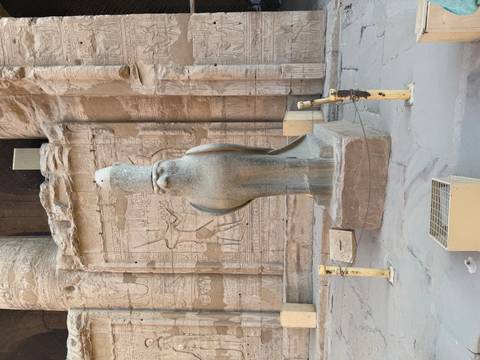 Granite falcon statue of Horus before carved temple wall reliefs.