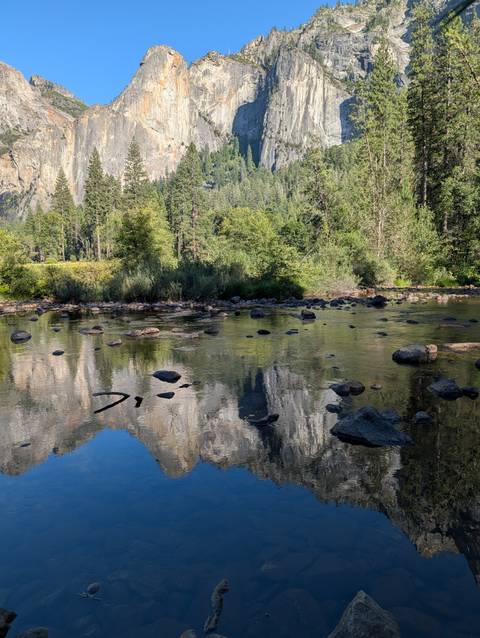 Clear shallow river with scattered rocks reflecting tall pines and granite cliffs.