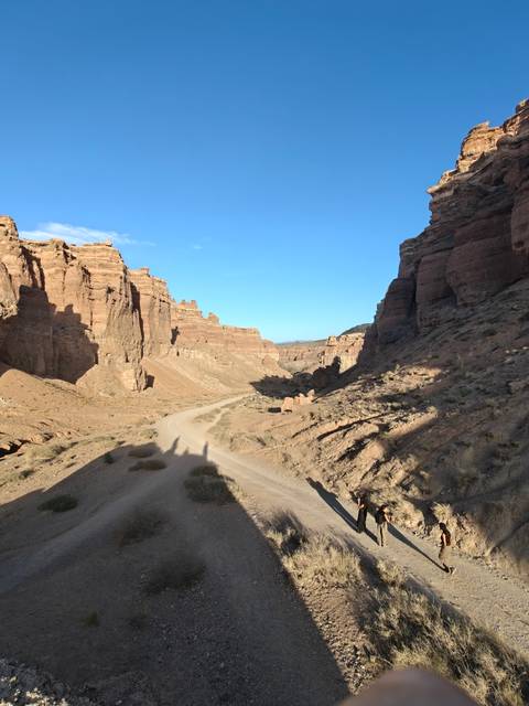 Dusty winding canyon road flanked by high red sandstone walls in late afternoon light.