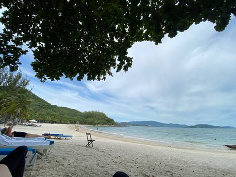 Tranquil tropical beach with lounge chairs, palms and gentle waves under light clouds.