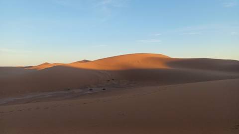 Golden sand dunes softly lit by the setting sun in a vast desert landscape.