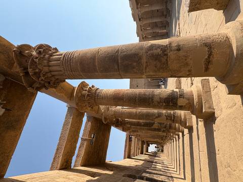 Row of lotus-capital columns cast long shadows in the sunlight at Philae Temple.