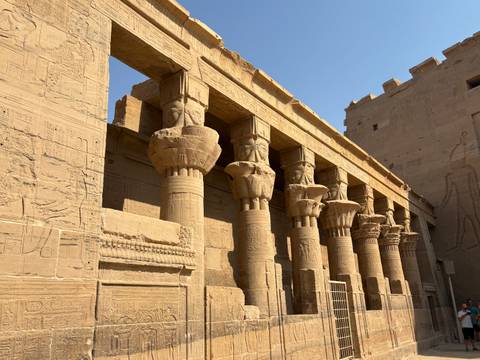 Row of Hathor-headed stone columns at Philae Temple lit by warm afternoon sun.