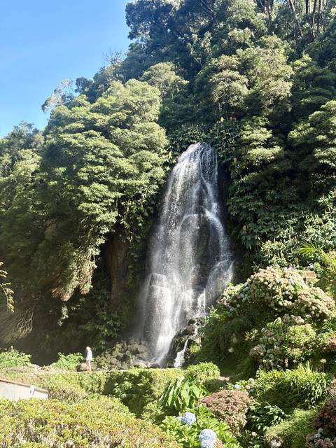 Tall waterfall cascades through dense green vegetation in a tropical setting.