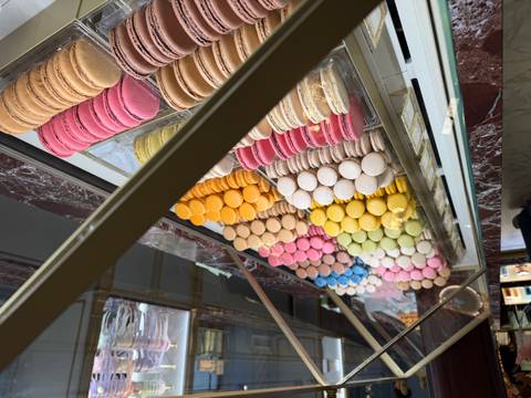 Colourful rows of macarons in assorted flavours are neatly displayed behind a glass pastry counter.