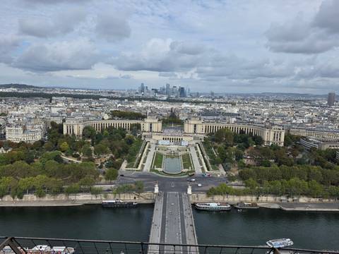 Aerial view of Paris with the Palais de Chaillot gardens leading down toward the Seine.