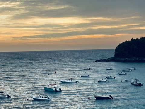 Calm sea dotted with small boats at dusk with an orange and pink sky above a dark tree-covered headland.
