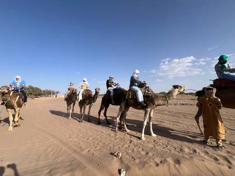 Line of tourists riding camels along sandy track under bright blue sky.