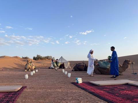 Berber guides lead camels beside rugs and lanterns at a desert camp in soft morning light.