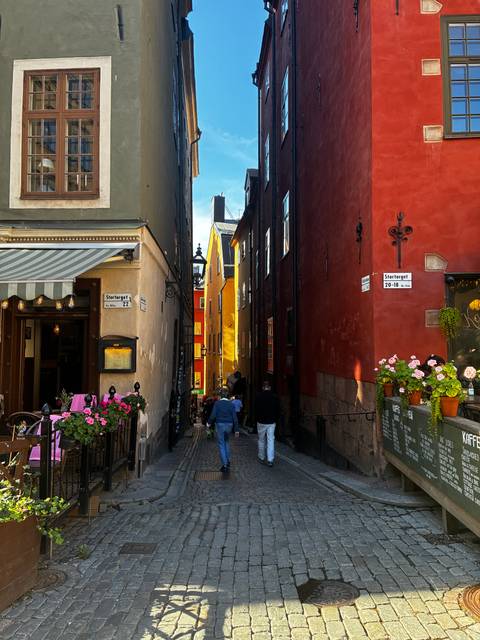 Narrow cobblestone lane in Gamla Stan lined with colorful buildings and potted flowers.