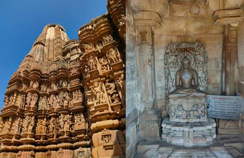 Composite view showing temple wall sculptures on the left and a seated Jain statue inside a sanctum on the right.