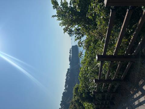 Sunbeam streaks across clear sky above coastal cliffs and dense greenery viewed from a wooden fence path.