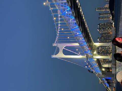 Elegant suspension bridge glowing with blue and white lights against a clear twilight sky.