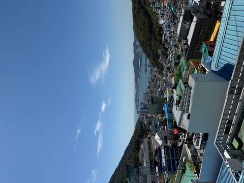 Panoramic view over colorful hillside houses descending toward a distant harbor under a clear sky.