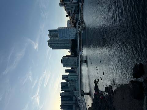 Modern high-rise skyline and pedestrian bridge reflected on calm bay waters in late afternoon light.