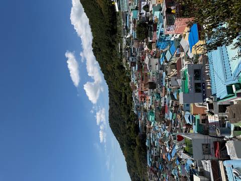 Colorful terraced houses cluster below a forested mountain under bright blue skies with cotton clouds.