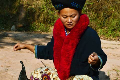 Laotian woman in traditional dress skillfully spins thread outdoors near greenery.