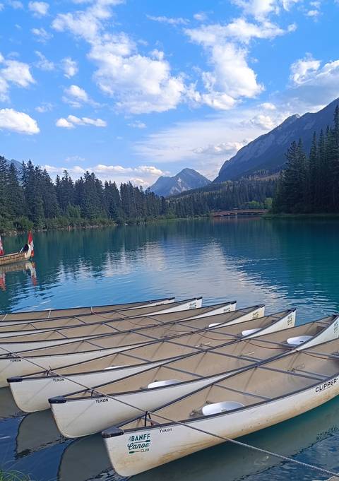 Row of canoes on turquoise mountain lake with forest and peaks in background
