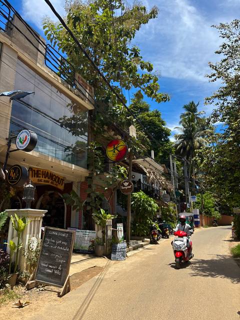 Leafy street scene with cafés, hanging signs and tangled overhead wires beneath a bright tropical sky.