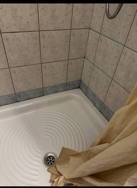 Close-up of dated tiled shower base with stained grout in a bathroom corner.