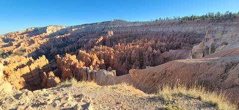 Panorama of Bryce Canyon’s orange hoodoos and amphitheater glowing under clear blue sky.