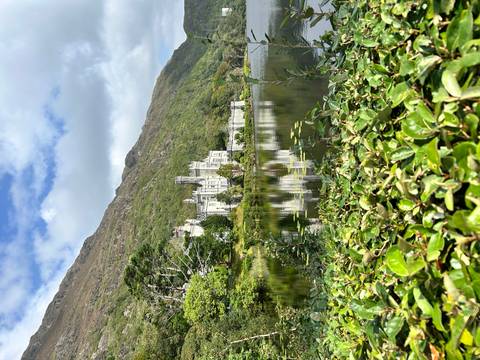 Elegant lakeside castle reflected in still water with lush greenery and a mountain backdrop