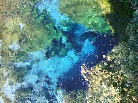 Vivid turquoise spring water forming swirling patterns surrounded by lush foliage at Blue Eye.