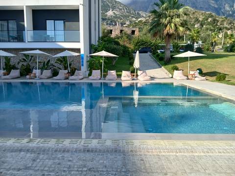 Modern resort swimming pool with clear blue water, lined with sun loungers, umbrellas and tropical plants.