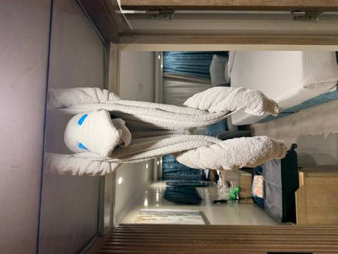 A creatively folded towel animal hanging from a shelf in a neat cruise-style cabin with a bed and furnishings in the background.
