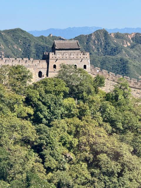 Section of the Great Wall snakes across a forested ridge above dense green trees.