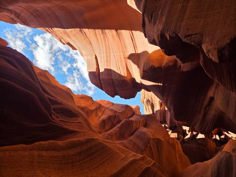 Sunlight streams through narrow, wave-shaped sandstone walls of a slot canyon revealing rich orange hues.