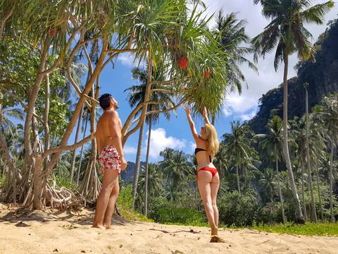 Man and woman in swimwear reaching for pandanus fruit on a jungle beach