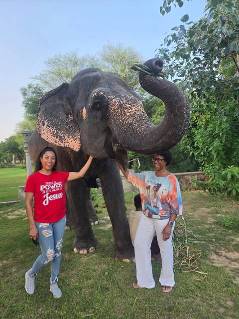 Two women stand next to a decorated Asian elephant in a lush green setting.