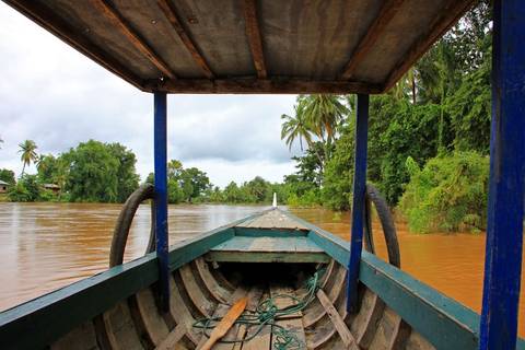 View from inside a wooden riverboat gliding along a muddy tropical river lined with palms