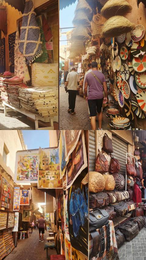 Four-image collage showing carpets, shoppers, leather goods and colourful market scenes in Morocco.