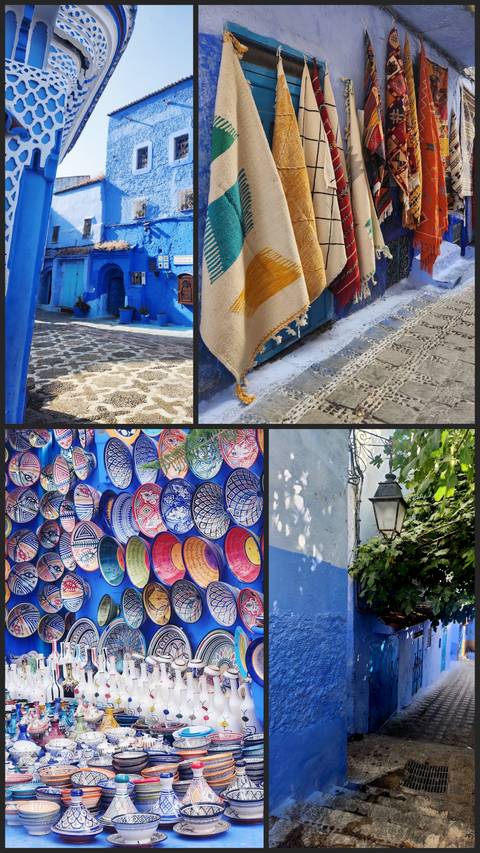 Collage of patterned plates, lantern, cobbled street and rug in the blue city of Chefchaouen.