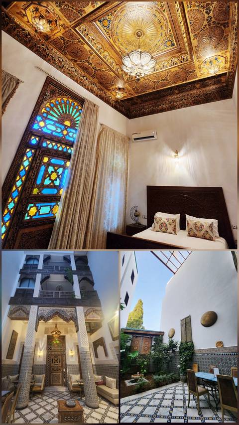 Collage of a traditional riad room, stained glass window and inner courtyard architecture.
