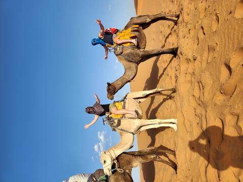 Two travellers wearing desert scarves ride camels across golden dunes beneath a bright blue sky.