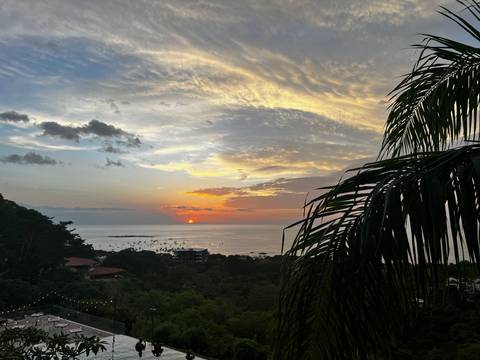 Colorful sunset over the ocean with small boats in the distance and a palm frond silhouette.