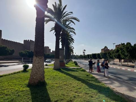 Long palm-lined boulevard beside Taroudannt’s ramparts with small tour group standing in the shade.