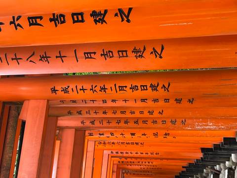 Close perspective of orange torii pillars at Fushimi Inari with rows of Japanese script.