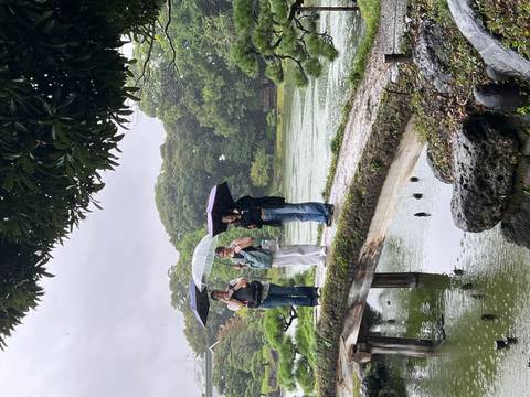 Travellers holding umbrellas stand on a stone bridge in a Japanese garden during rainfall.