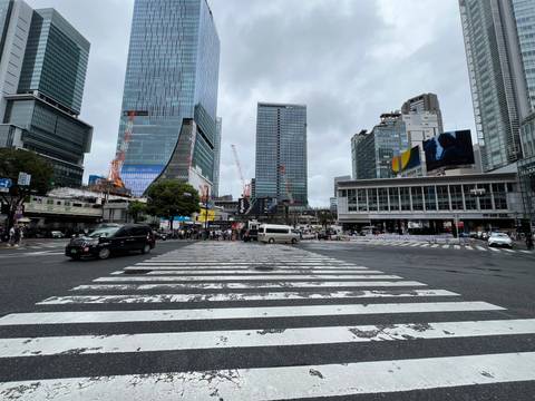 Wide view of a busy Tokyo intersection with modern high-rise buildings and a zebra crossing in the foreground.